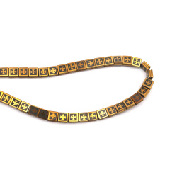 String of Semi-Precious Stone Beads Non-Magnetic Electroplate HEMATITE / Old Gold Color / Square with Cross: 8x8x4 mm, Hole: 1.5 mm ~ 50 pieces
