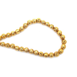 String of Semi-Precious Stone Beads Non-Magnetic Electroplate HEMATITE / Gold Color / Embossed Ball: 9 mm, Hole: 1 mm ~ 48 pieces