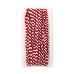 Шнур пресукан 4 мм бяло и червено 100 процента акрил -20 метра