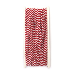 Шнур пресукан 3 мм бяло и червено 100 процента акрил -20 метра