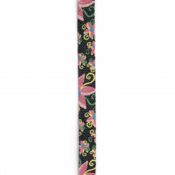 Denim textile ribbon 10x5 mm with floral print -1 meter