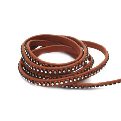 Faux Leather Strip / 6.5x3.5 mm /  Brown with Crystals - 1 meter
