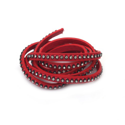 Artificial Leather Strip / 6.5x3.5 mm / Red with Crystals - 1 meter