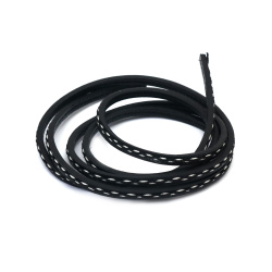 Faux Leather Cord / 5x3.5 mm /  Black with White and Black Stitching - 1.20 meters