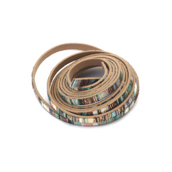 Artificial Leather and Textile Strip /  5x1.5 mm / ETHNO Motif, Colors: Blue, Green, White and Gold - 1.40 meters
