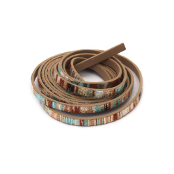 Artificial Leather and Textile Strip /  5x1.5 mm / ETHNO Motif, Colors: Brown, Blue, White and Gold - 1.40 meters