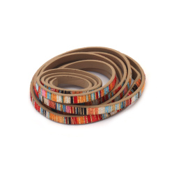 Artificial Leather and Textile Strip /  5x1.5 mm / ETHNO Motif, Colors:  Red, Orange, Blue and Gold - 1.40 meters