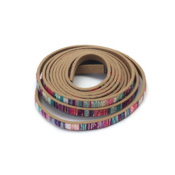 Artificial Leather and Textile Strip /  5x1.5 mm / ETHNO Motif, Colors:  Cyclamen, Pink, Blue and Gold - 1.40 meters