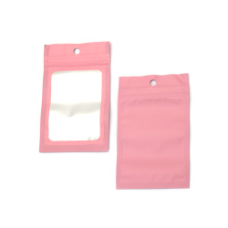 Cellophane Zip Bag 8x13 cm – Matte Pink Hanging Pouch with Window and Silver Back, Pack of 100