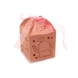 Πτυσσόμενο κουτί για δώρο από χαρτόνι με ελέφαντα 5x5x7,5cm ροζ χρώμα και κορδέλα
