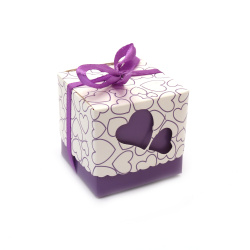 Cutie carton pliabil inimioare 5,2x5,2x5 cm culoare violet cu panglica