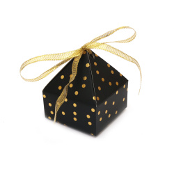 Cardboard folding box 6x6x7.5 cm black with gold  dots with ribbon