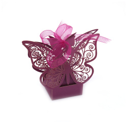 Cardboard folding box with butterfly 4.3x4.3x5.4x5.4 cm color purple with ribbon