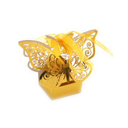 Cardboard folding box with butterfly 4.3x4.3x5.4x5.4 cm gold color with ribbon