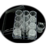 Plastic Transparent Box with 12 Small Cylindrical Boxes, 16x12.2x5.5 cm;  3.8x5 cm