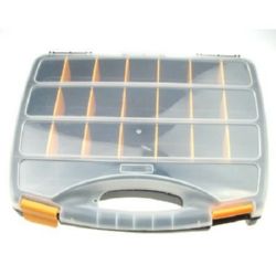 Stoc epuizat. Primeste notificare pe email cand produsul revine in stoc Cutie pentru mărgele și unelte capac transparent 38x31x6 cm cu 18 pereți despărțitori mobili până la 23 de compartimente