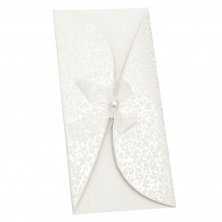 Картичка извита панделка с перла 220x105 мм цвят бял с плик