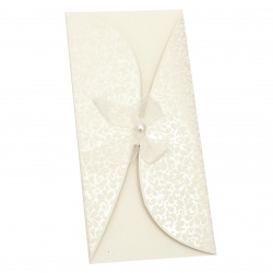 Card curved ribbon with pearl 220x105 mm ecru color with envelope