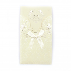 Stylish Greeting Card with Ribbon and Floral Ornaments, 210x115 mm, Ecru Color