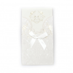 Картичка с панделка и цветя 210x115 мм цвят бял