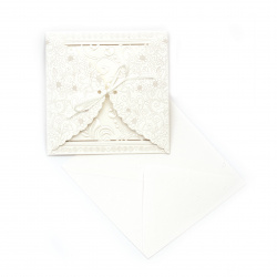 Square Greeting Card with Ribbon and Flowers / Includes Envelope, 115x115 mm, White