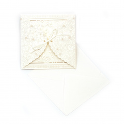 Картичка с панделка и цветя 115x115 мм цвят екрю с плик