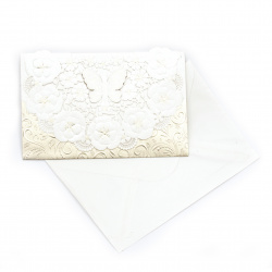 Embossed Greeting Card with Envelope / Butterfly and Floral Ornaments,185x120 mm, White and Gold