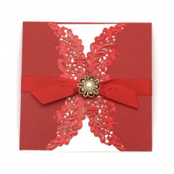Stylish Greeting Card with Floral Ornaments and Ribbon,147x147 mm, Red with Envelope