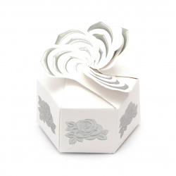 Folding Polygonal Cardboard Box, 80x80x70 mm, White with Silver Rose