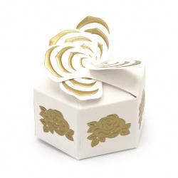 Folding Polygonal Cardboard Box, 80x80x70 mm, White with Golden Rose