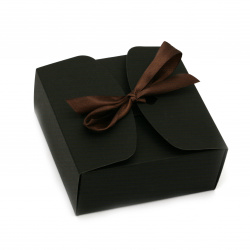 Kraft Cardboard Folding Gift Box with Ribbon, 12x12x5 cm, Black