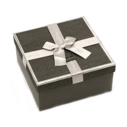 Square Gift Box with Ribbon and Glitter Powder / 170x170x80 mm / Dark Gray with Silver