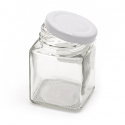 Γυάλινο βάζο τετράγωνο 45x52 mm μεταλλικό λευκό καπάκι 50 ml