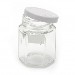 Hexagonal glass jar 44x52 mm metal cap color silver 45 ml