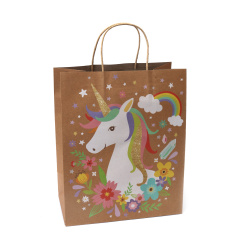 Pungă cadou din carton kraft 26x32x13,5 cm cu imprimeu colorat Unicorn de poveste
