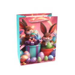 Pungă de carton cadou 18x23x10 cm iepurași de Paște cu cadouri