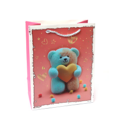 Pungă cadou carton 18x23x10 cm Ursuleț de pluș 3D cu inimă galbenă