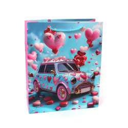 Pungă de cadou din carton 26x32x10 cm Iubire 3D pe roți