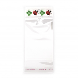Cellophane Bag, 7/10+3 cm, with Self-Adhesive Flap, Decorated with Clover and Ladybug - Pack of 100
