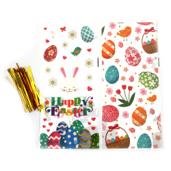 Colorful MIX Cellophane Bags 12x27 cm, 4 Lovely Easter Motif Designs with Tie – Set of 50