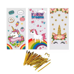 Pungă de celofan 12x27 cm MIX Unicorn 3 modele cu legătură - 50 bucăți
