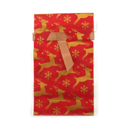 Plic de Crăciun din material PE 12x18 cm cu panglică de satin, culoare roșie cu cerbi