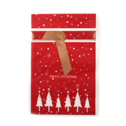 Festive Red PE Christmas Bags 12x18 cm with Satin Ribbon & White Christmas Tree Design