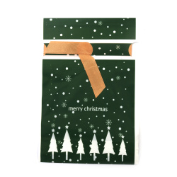 Festive Christmas Gift Bag, 12×18 cm, Green PE Material with White Christmas Trees – Finished with Satin Ribbon, Perfect for Holiday Gifts and Seasonal Packaging