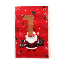 Christmas Gift Bag, 12×18 cm, Red PE Material with Santa & Reindeer – Decorated with a Satin Ribbon, Perfect for Holiday Gifts and Party Favors
