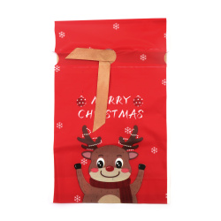 Red PE Christmas Bags 15x23 cm with Satin Ribbon & “MERRY CHRISTMAS” Reindeer – 1 pc