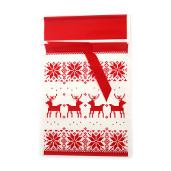 Plic de Crăciun din material PE 15x23 cm cu panglică de satin, alb și roșu cu căprioare