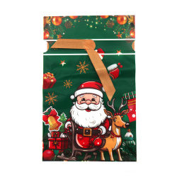 Plic de Crăciun din material PE 15x23 cm cu panglică de satin, culoare verde cu Moș Crăciun și căprioare