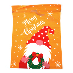 Plic de Crăciun din material PE 40x50 cm cu panglică de satin, culoare portocalie cu pitic de Crăciun - 1 bucată