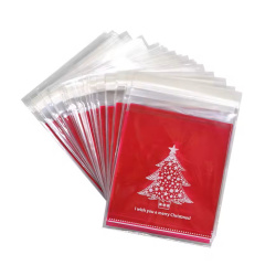 Plic de celofan 10x13 cm, culoarea bradului de Crăciun, transparent, cu spate roșu și adeziv - 100 bucăți